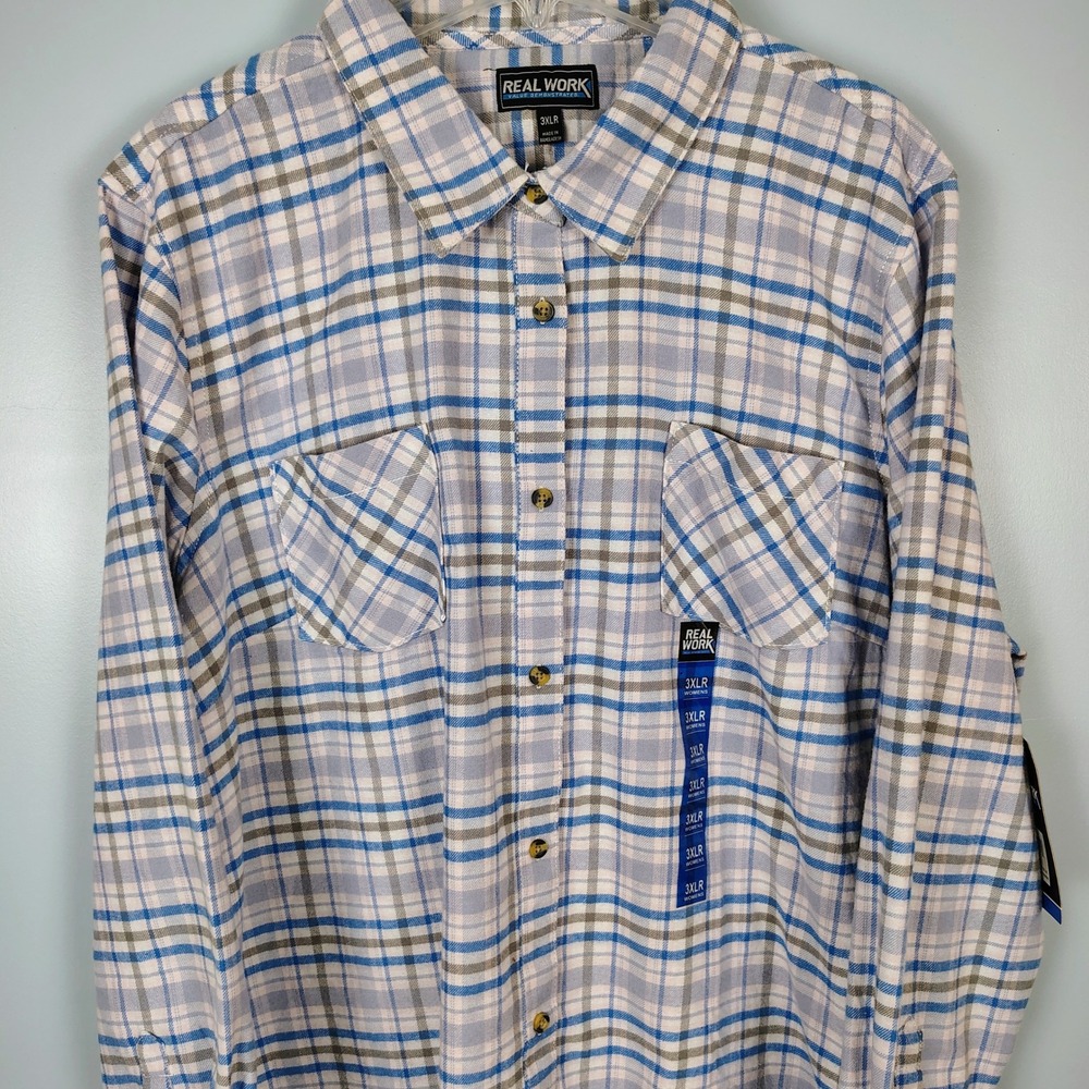 Real Work Womens 3XLR‎ Bayside Blue Plaid Flannel Button Down Shirt